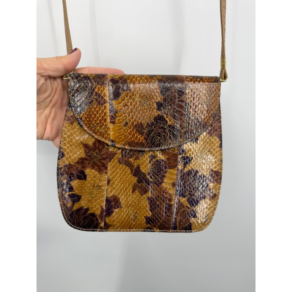 J. Renee Floral Snakeskin Crossbody Bag Womens Small Brown Tan Embossed Purse